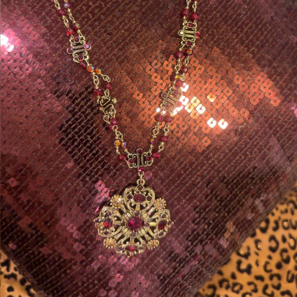 Vintage Avon Featoon Maltise Byzantine Cross Red Glass Necklace and Earrings